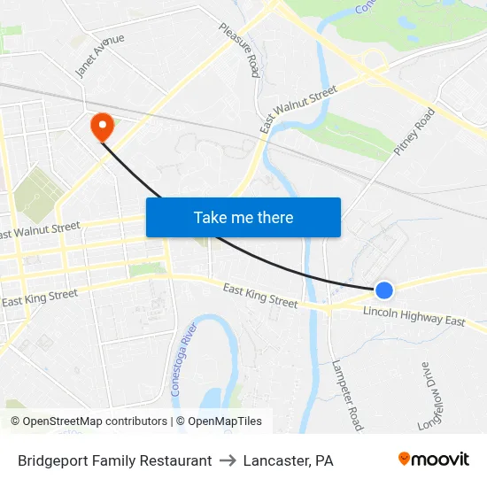 Bridgeport Family Restaurant to Lancaster, PA map