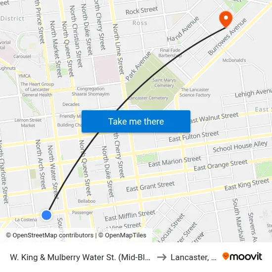 W. King & Mulberry Water St. (Mid-Block) to Lancaster, PA map