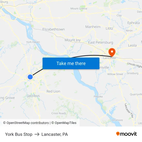 York Bus Stop to Lancaster, PA map