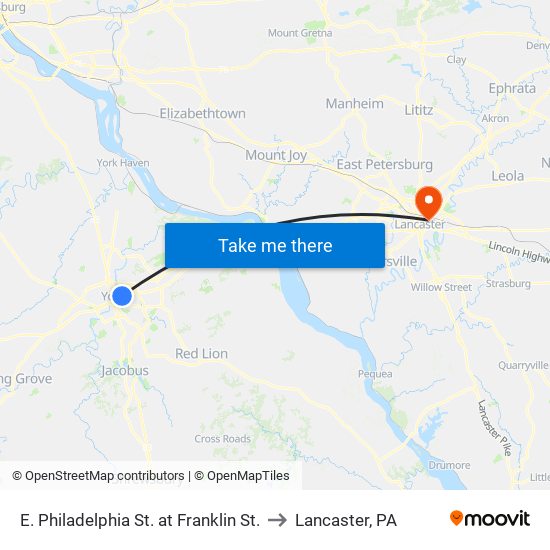 E. Philadelphia St. at Franklin St. to Lancaster, PA map