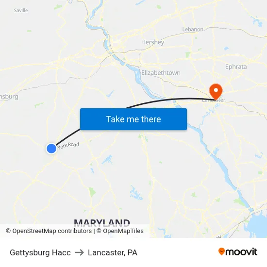 Gettysburg Hacc to Lancaster, PA map