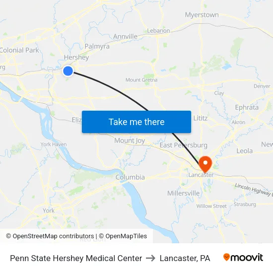 Penn State Hershey Medical Center to Lancaster, PA map
