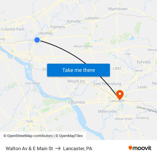 Walton Av & E Main St to Lancaster, PA map