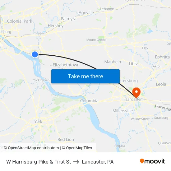 W Harrisburg Pike & First St to Lancaster, PA map