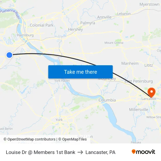 Louise Dr @ Members 1st Bank to Lancaster, PA map