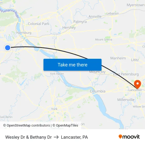 Wesley Dr & Bethany Dr to Lancaster, PA map