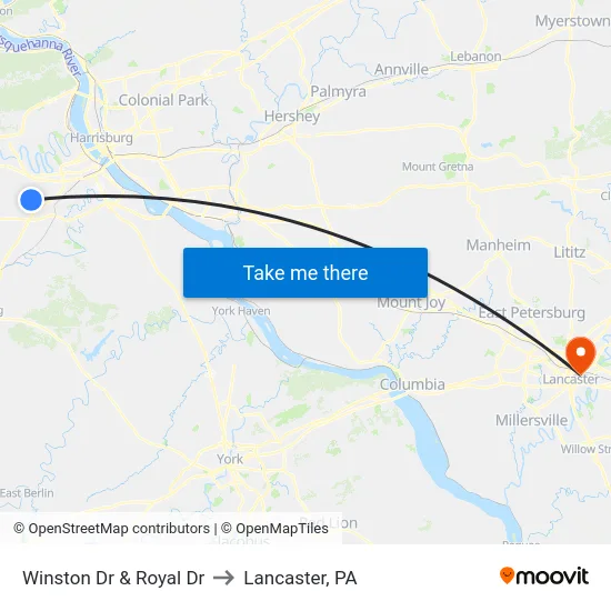 Winston Dr & Royal Dr to Lancaster, PA map