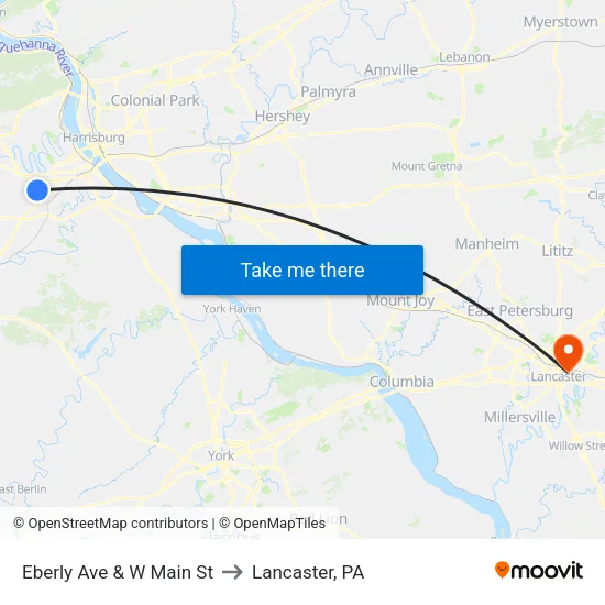 Eberly Ave & W Main St to Lancaster, PA map