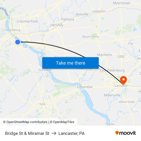 Bridge St & Miramar St to Lancaster, PA map