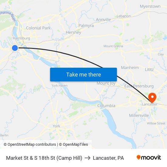 Market St & S 18th St (Camp Hill) to Lancaster, PA map