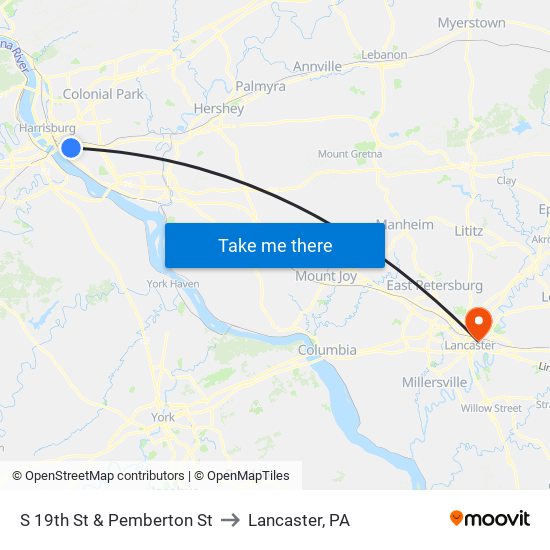 S 19th St & Pemberton St to Lancaster, PA map