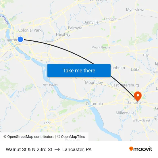 Walnut St & N 23rd St to Lancaster, PA map