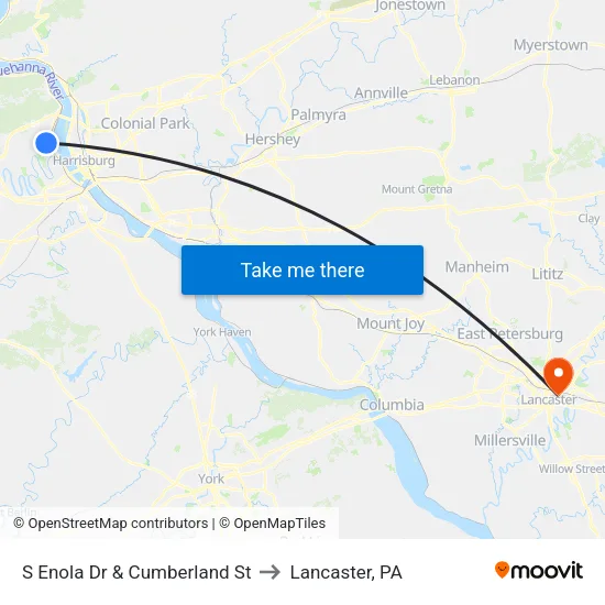 S Enola Dr & Cumberland St to Lancaster, PA map