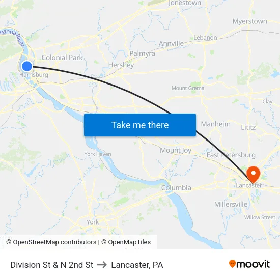 Division St & N 2nd St to Lancaster, PA map