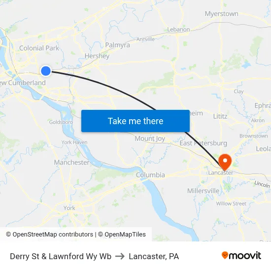 Derry St & Lawnford Wy Wb to Lancaster, PA map