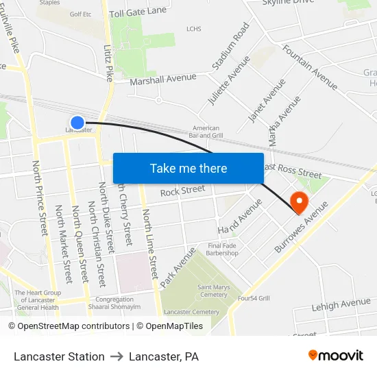 Lancaster Station to Lancaster, PA map
