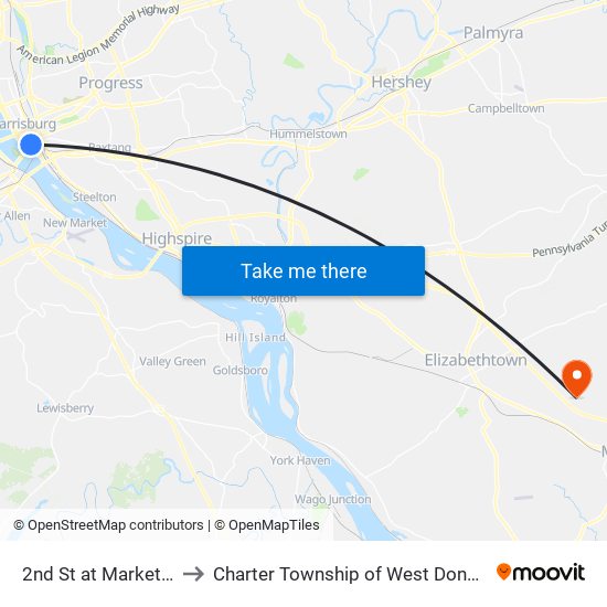 2nd St at Market St to Charter Township of West Donegal map