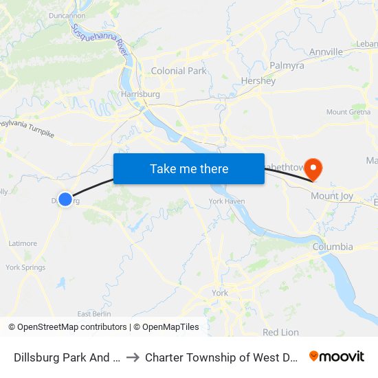 Dillsburg Park And Ride to Charter Township of West Donegal map