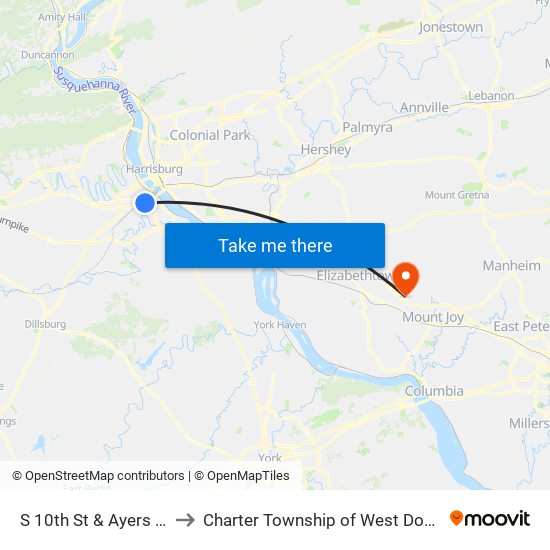 S 10th St & Ayers Ave to Charter Township of West Donegal map