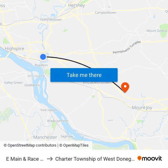 E Main & Race St to Charter Township of West Donegal map