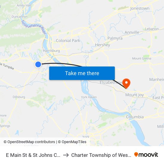 E Main St & St Johns Church Rd to Charter Township of West Donegal map