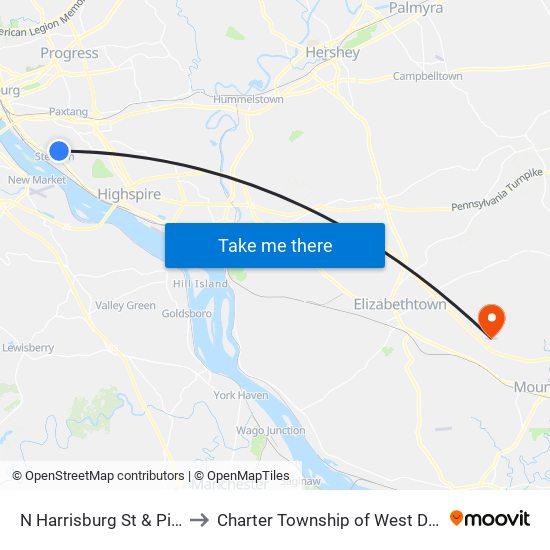 N Harrisburg St & Pine St to Charter Township of West Donegal map