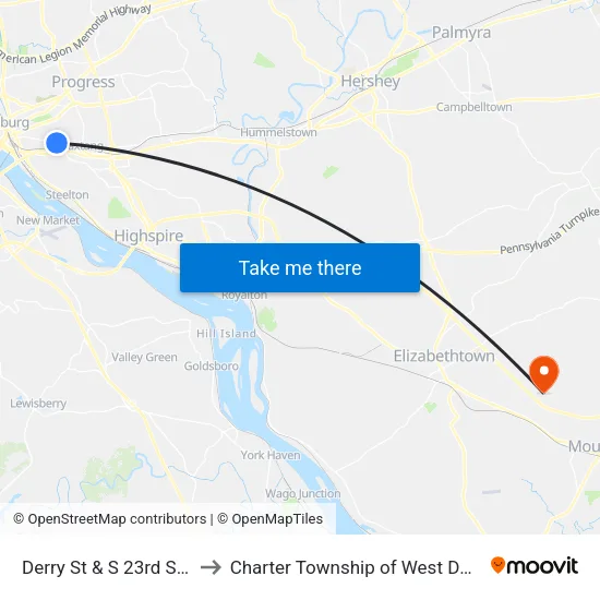 Derry St & S 23rd St Wb to Charter Township of West Donegal map