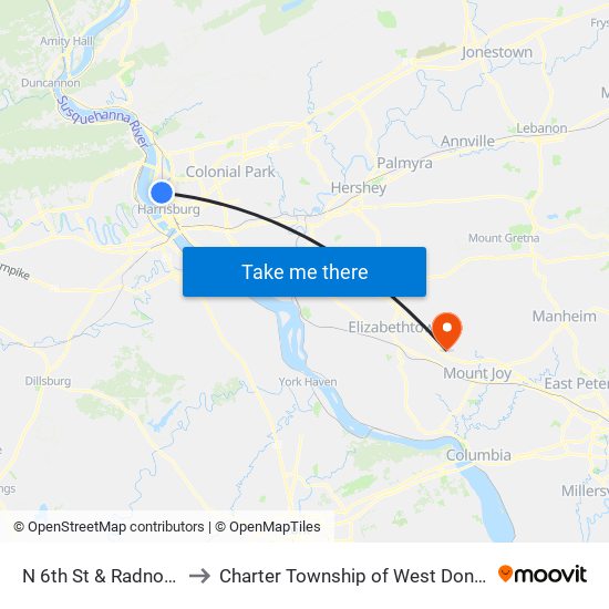 N 6th St & Radnor St to Charter Township of West Donegal map