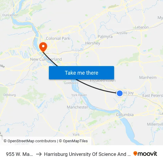 955 W. Main St. to Harrisburg University Of Science And Technology map
