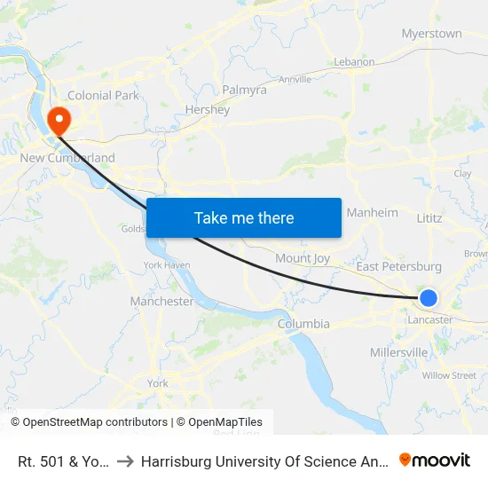 Rt. 501 & York Rd. to Harrisburg University Of Science And Technology map