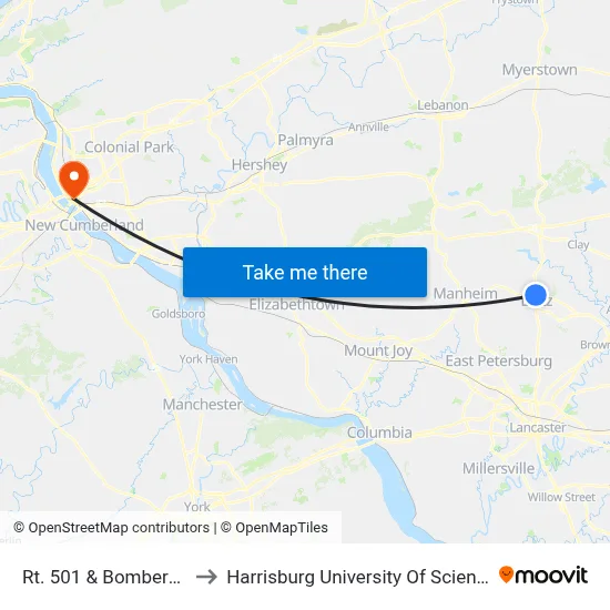 Rt. 501 & Bombergers Souders to Harrisburg University Of Science And Technology map