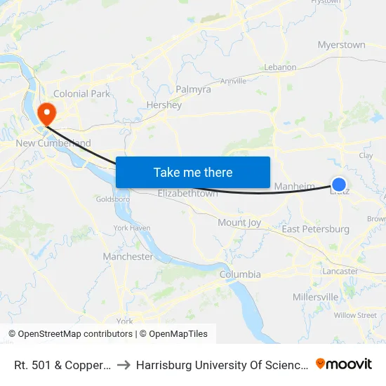 Rt. 501 & Copperfield Circle to Harrisburg University Of Science And Technology map