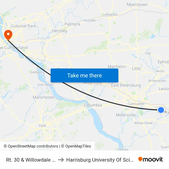 Rt. 30 & Willowdale Dr. Burger King to Harrisburg University Of Science And Technology map