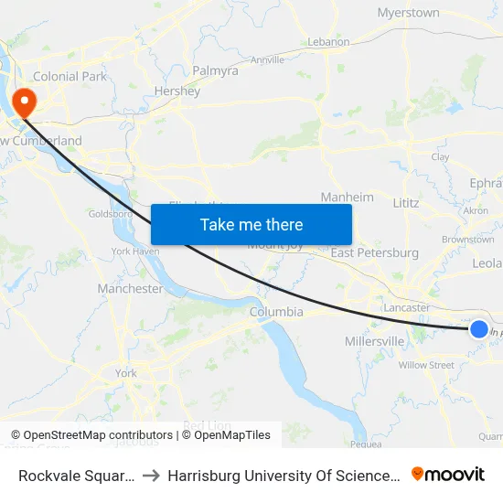 Rockvale Square Shelter to Harrisburg University Of Science And Technology map