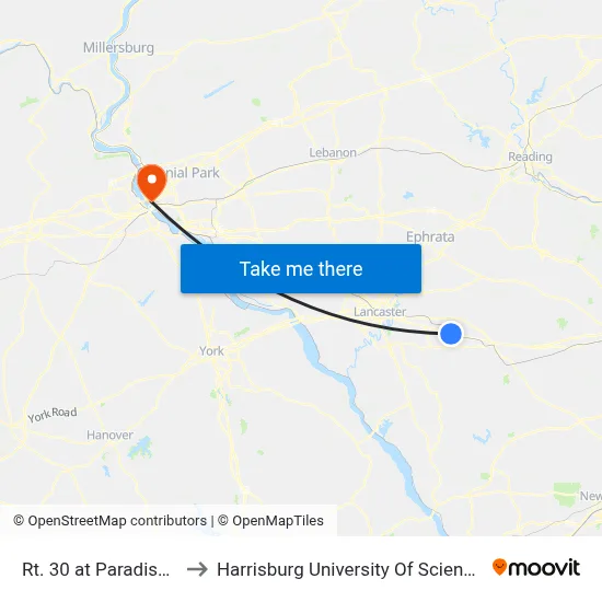 Rt. 30 at Paradise Village Inn to Harrisburg University Of Science And Technology map