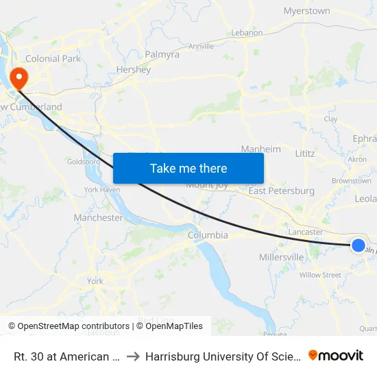 Rt. 30 at American Music Theater to Harrisburg University Of Science And Technology map