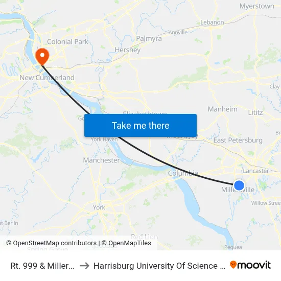 Rt. 999 & Millersville Rd. to Harrisburg University Of Science And Technology map