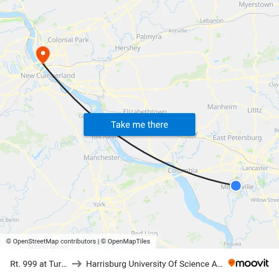 Rt. 999 at Turkey Hill to Harrisburg University Of Science And Technology map