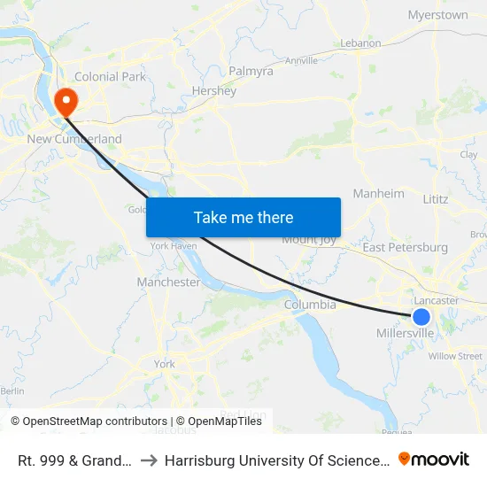Rt. 999 & Grandview Ave. to Harrisburg University Of Science And Technology map