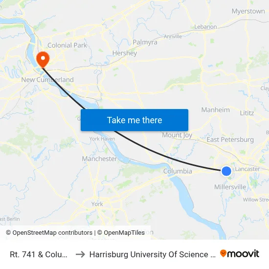 Rt. 741 & Columbia Ave. to Harrisburg University Of Science And Technology map