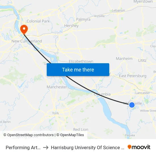 Performing Arts Center to Harrisburg University Of Science And Technology map