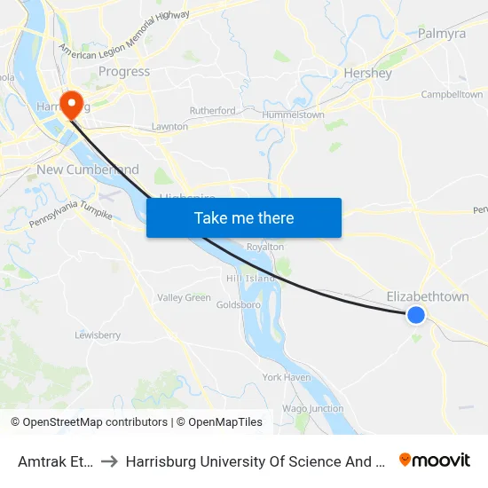 Amtrak Etown to Harrisburg University Of Science And Technology map