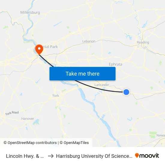 Lincoln Hwy. & Kinzer Rd. to Harrisburg University Of Science And Technology map