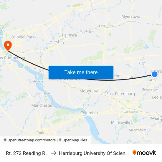 Rt. 272 Reading Rd & Opal St. to Harrisburg University Of Science And Technology map