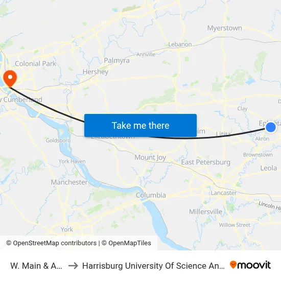 W. Main & Arch St. to Harrisburg University Of Science And Technology map