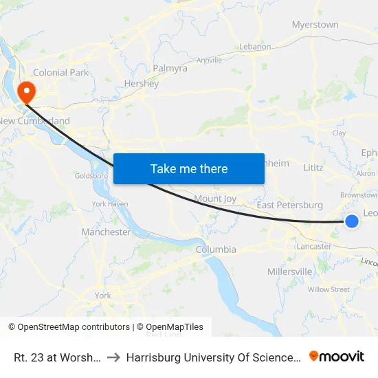 Rt. 23 at Worship Center to Harrisburg University Of Science And Technology map