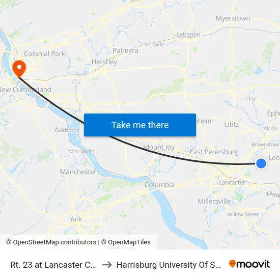 Rt. 23 at Lancaster Co. Christian School to Harrisburg University Of Science And Technology map