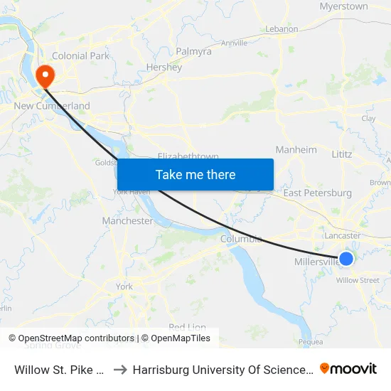 Willow St. Pike & Golf Rd. to Harrisburg University Of Science And Technology map