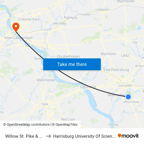 Willow St. Pike & Millwood Rd. to Harrisburg University Of Science And Technology map
