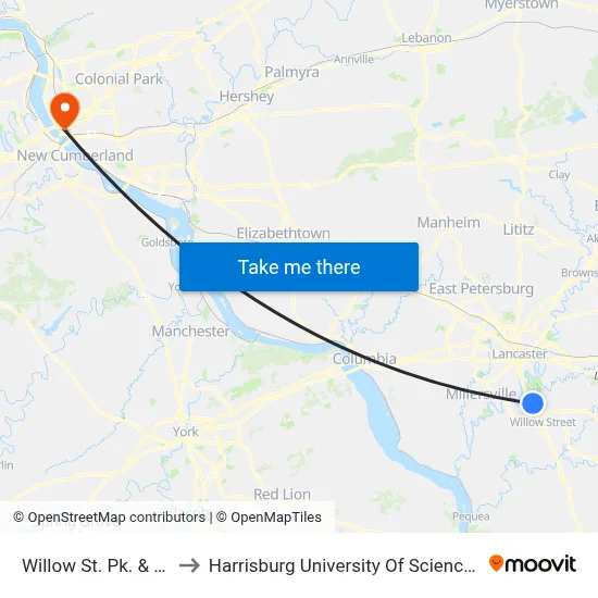 Willow St. Pk. & Gibney Rd. to Harrisburg University Of Science And Technology map